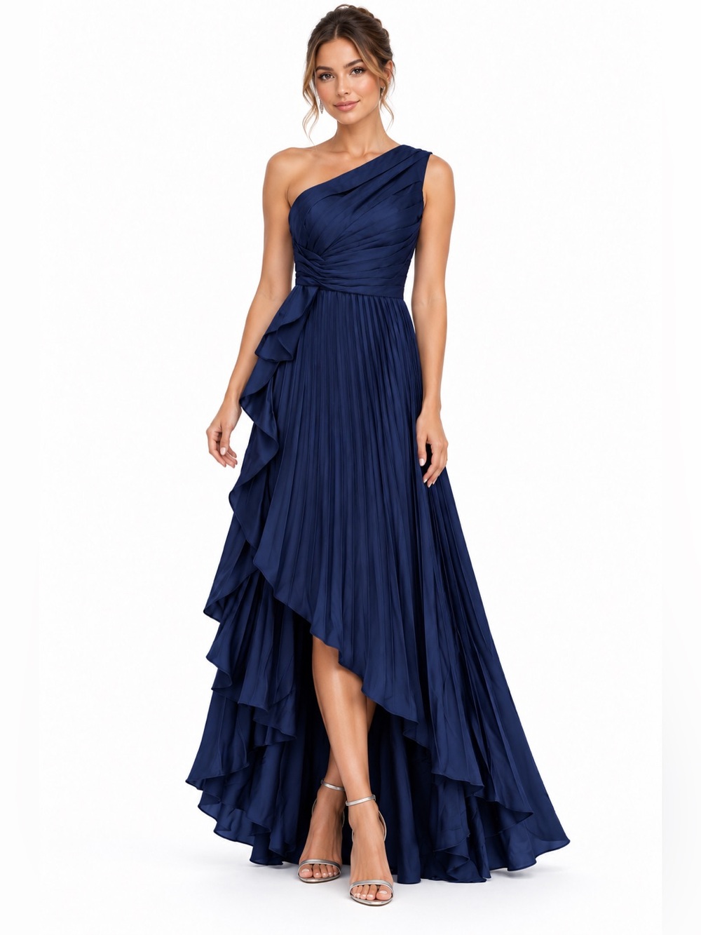 Navy Satin Pleated One Shoulder Corset High Low Formal Gown Size 6